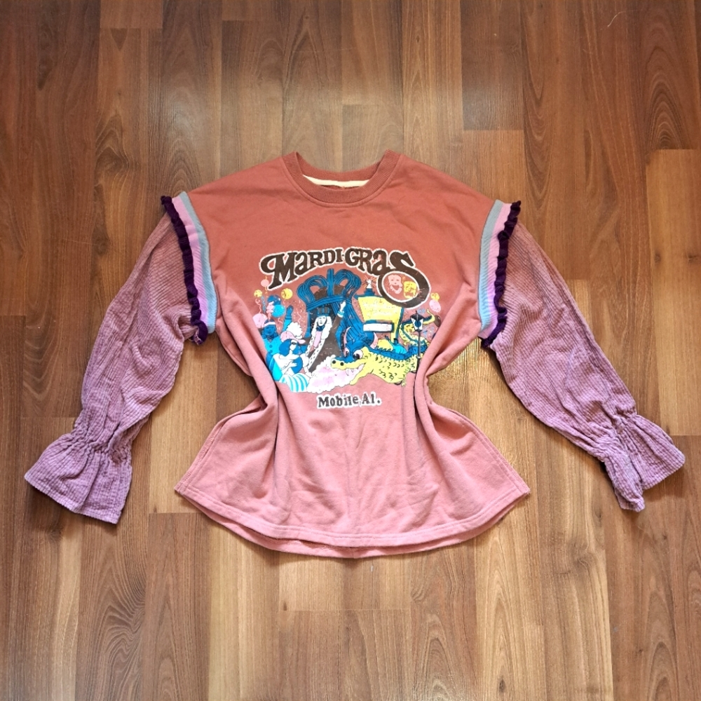 Vintage Salmon Pink Graphic cartoon Sweatshirt Ruffled Corderoy Sleeves Cute